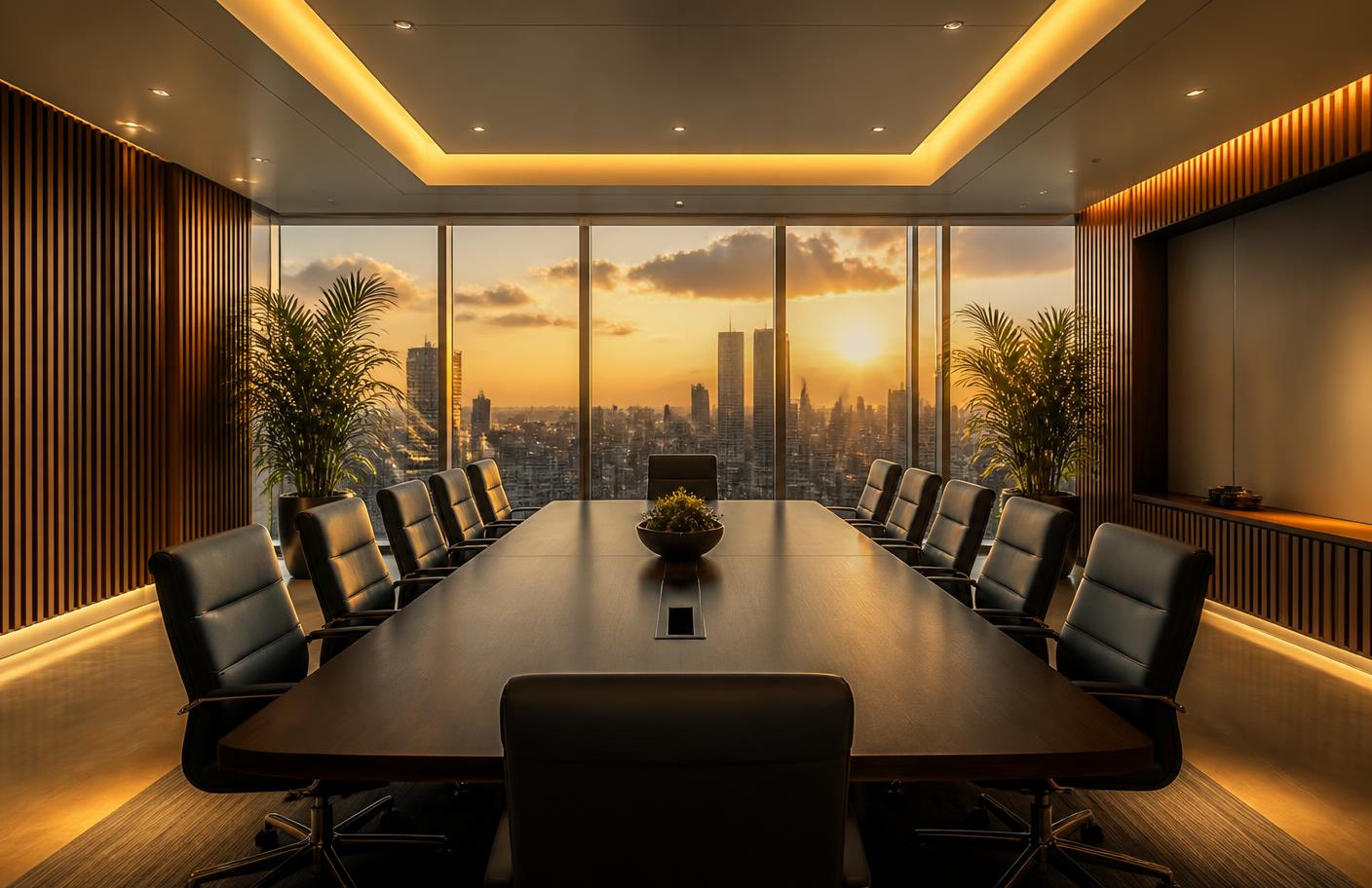 Sala de reuniões corporativa ao entardecer