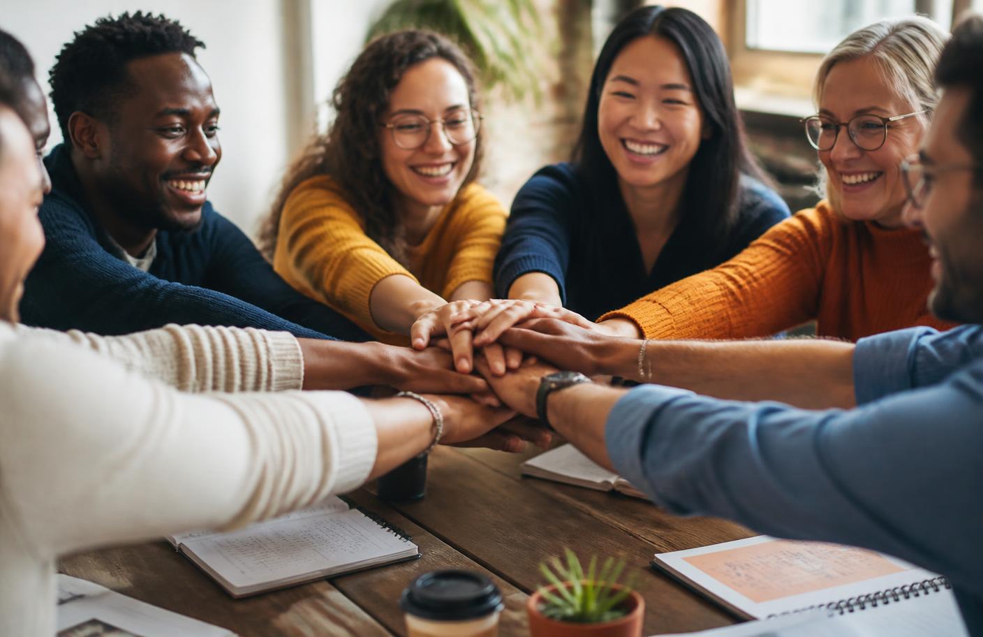 Equipe de uma organização social unindo as mãos sobre a mesa