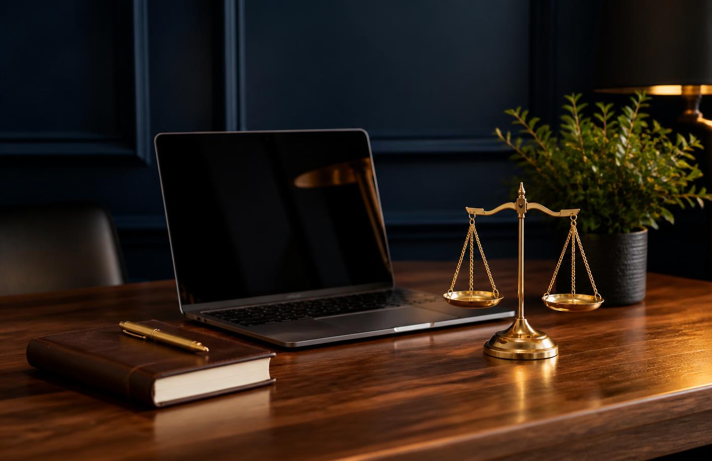 Mesa de escritório jurídico com notebook, agenda e balança da justiça