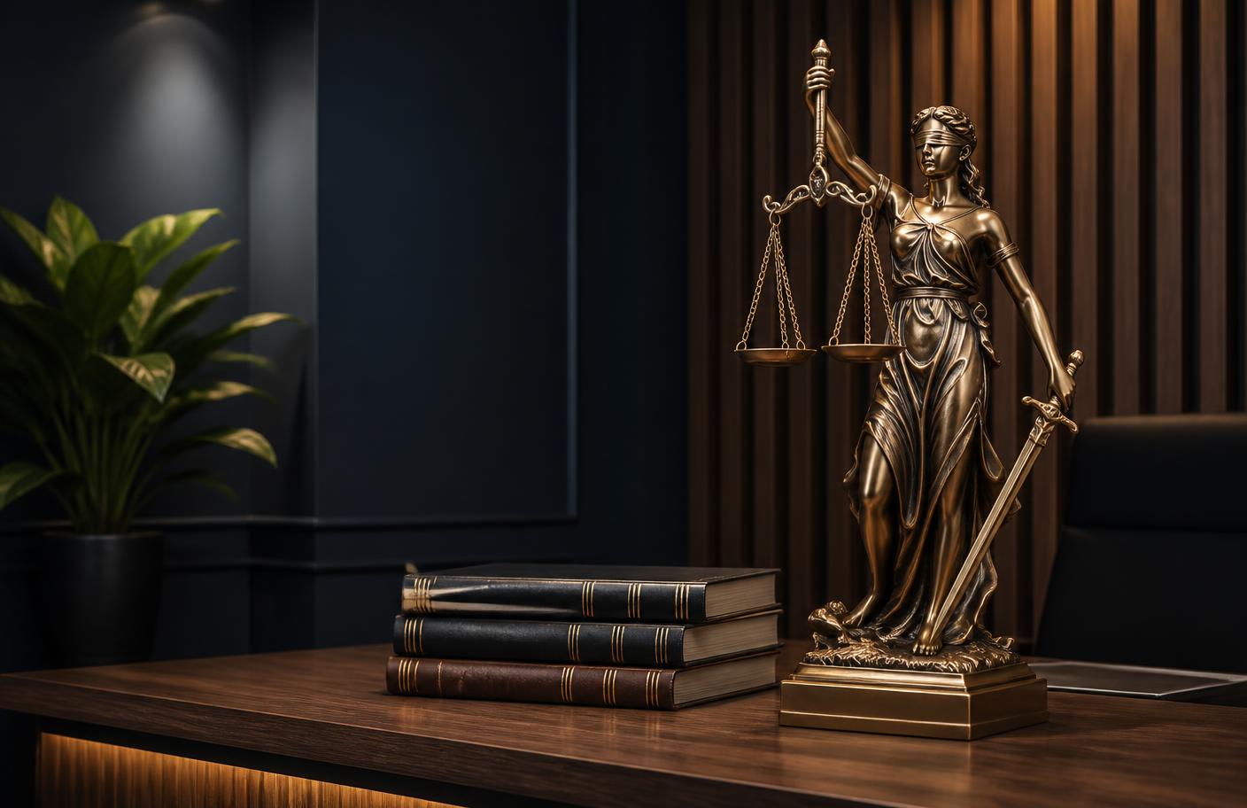 Escultura dourada da justiça sobre mesa de madeira em escritório jurídico